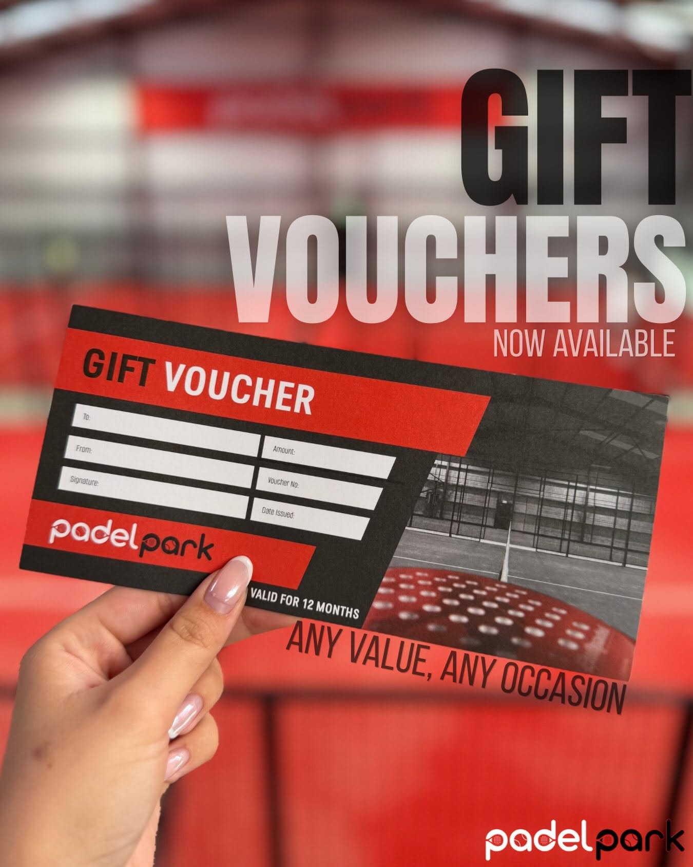 A Padel Park gift voucher — any value, any occasion, valid for 12 months