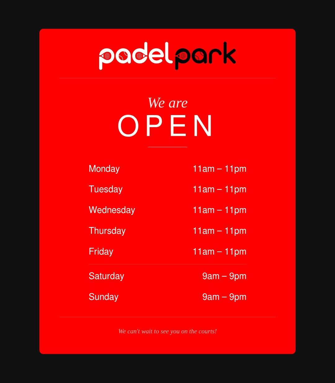 Padel Park opening hours poster